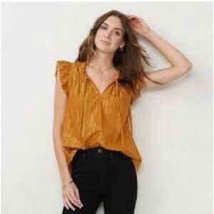 EUC LC Lauren Conrad Trim Tie Front Striped Blouse Shiny Gold Medium